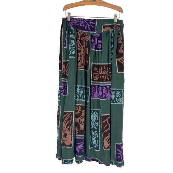 Vintage Full Length Skirt Passports L Elastic Waist Tribal Print Office Modest - Picture 4 of 10